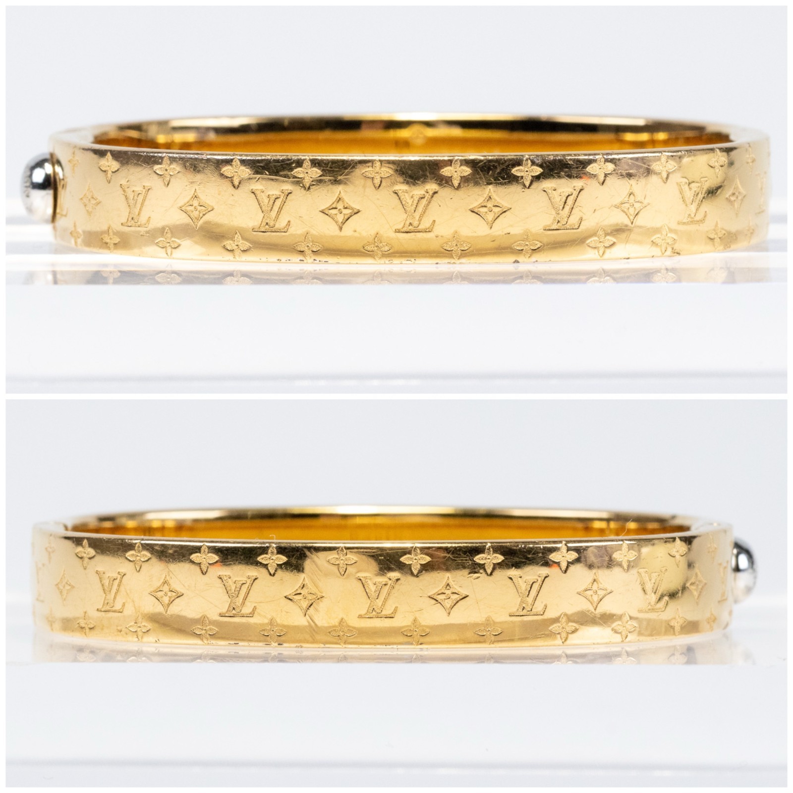 Louis Vuitton LV Nanogram Cuff Bracelet M00252 Bangle Gold Tone Size M Authentic