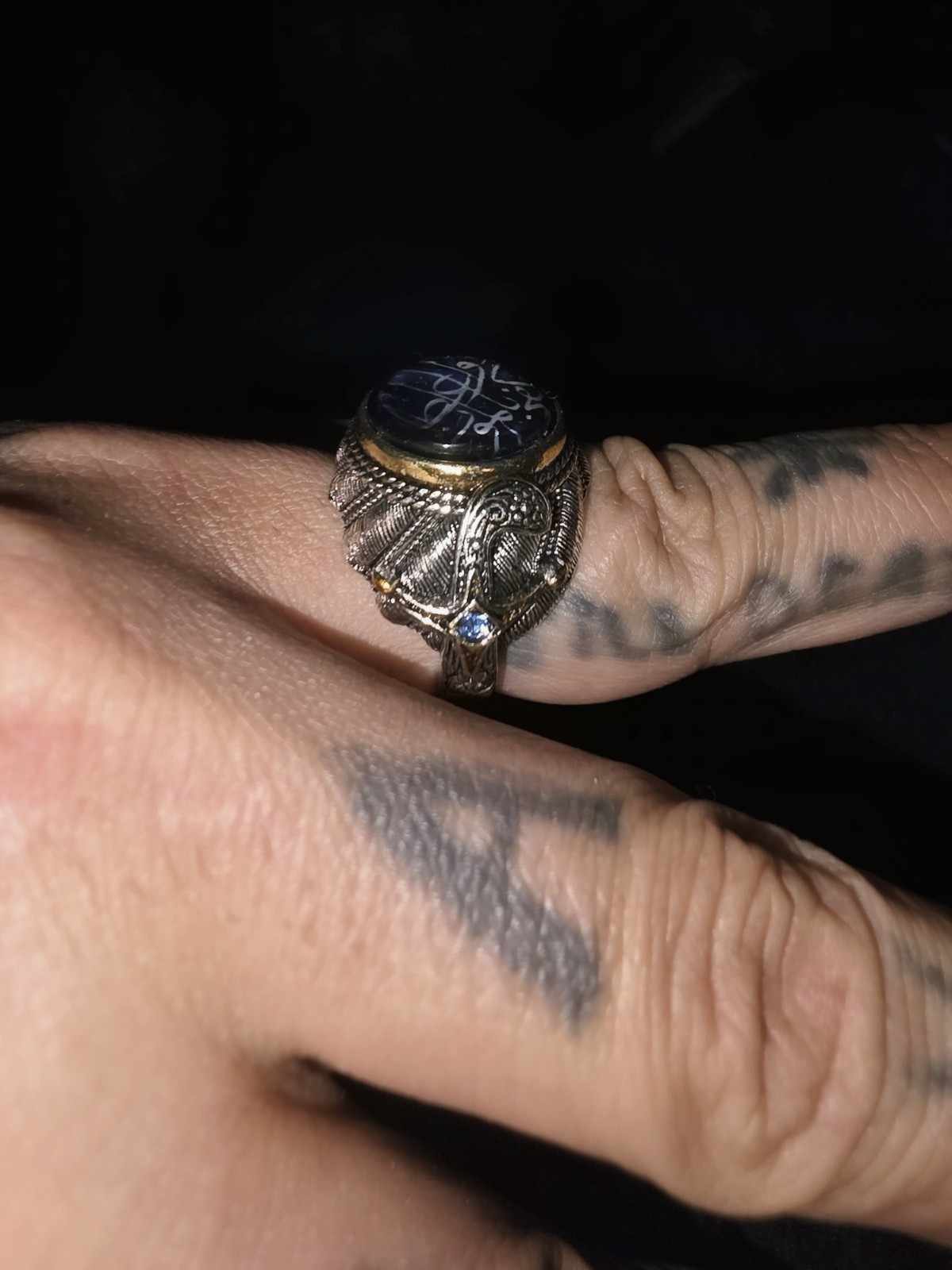 Britnix Blue Round Cabochon Arabic Calligraphy Signet Ring Silver Size 10
