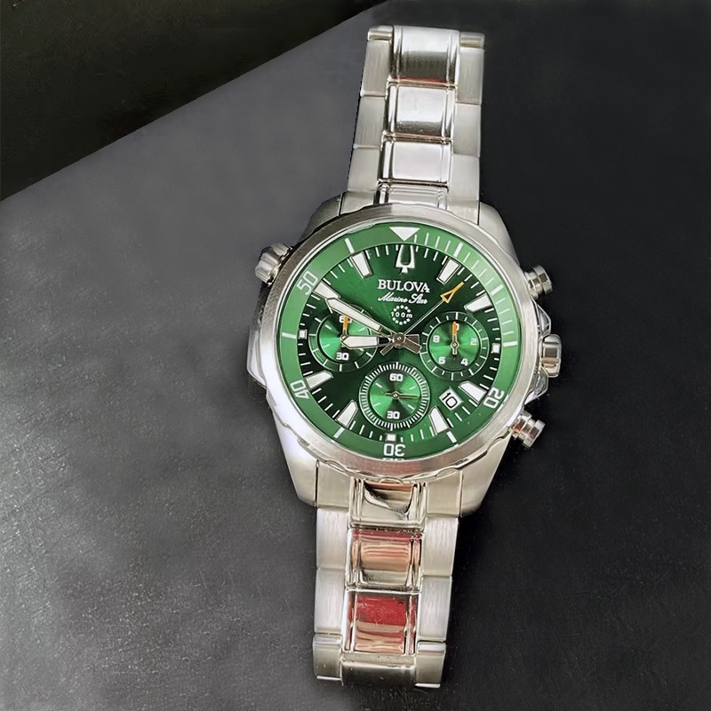 Bulova Men’s Marine Star 96B396 Green Dial Quartz Chronograph Watch 43MM