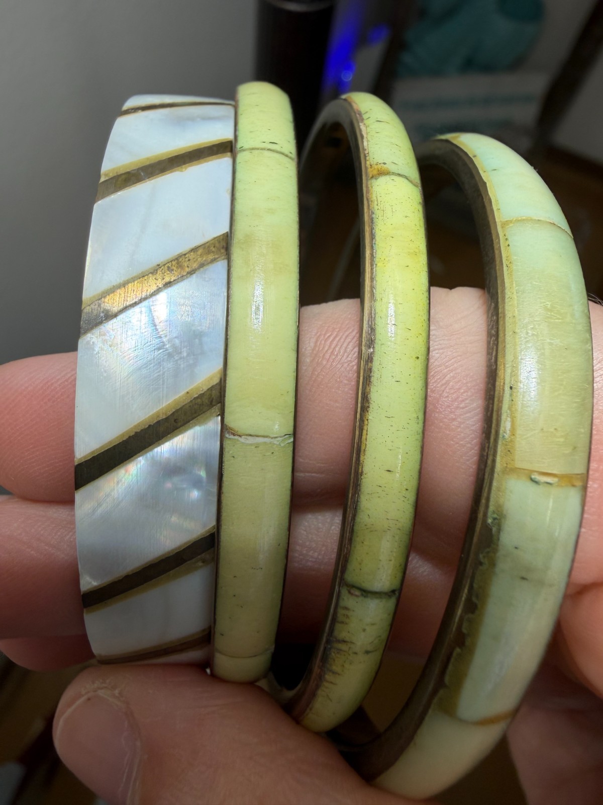 Vintage 1970s Brass Bangle Stack Mother of Pearl Dyed Bovine Inlay Boho Green
