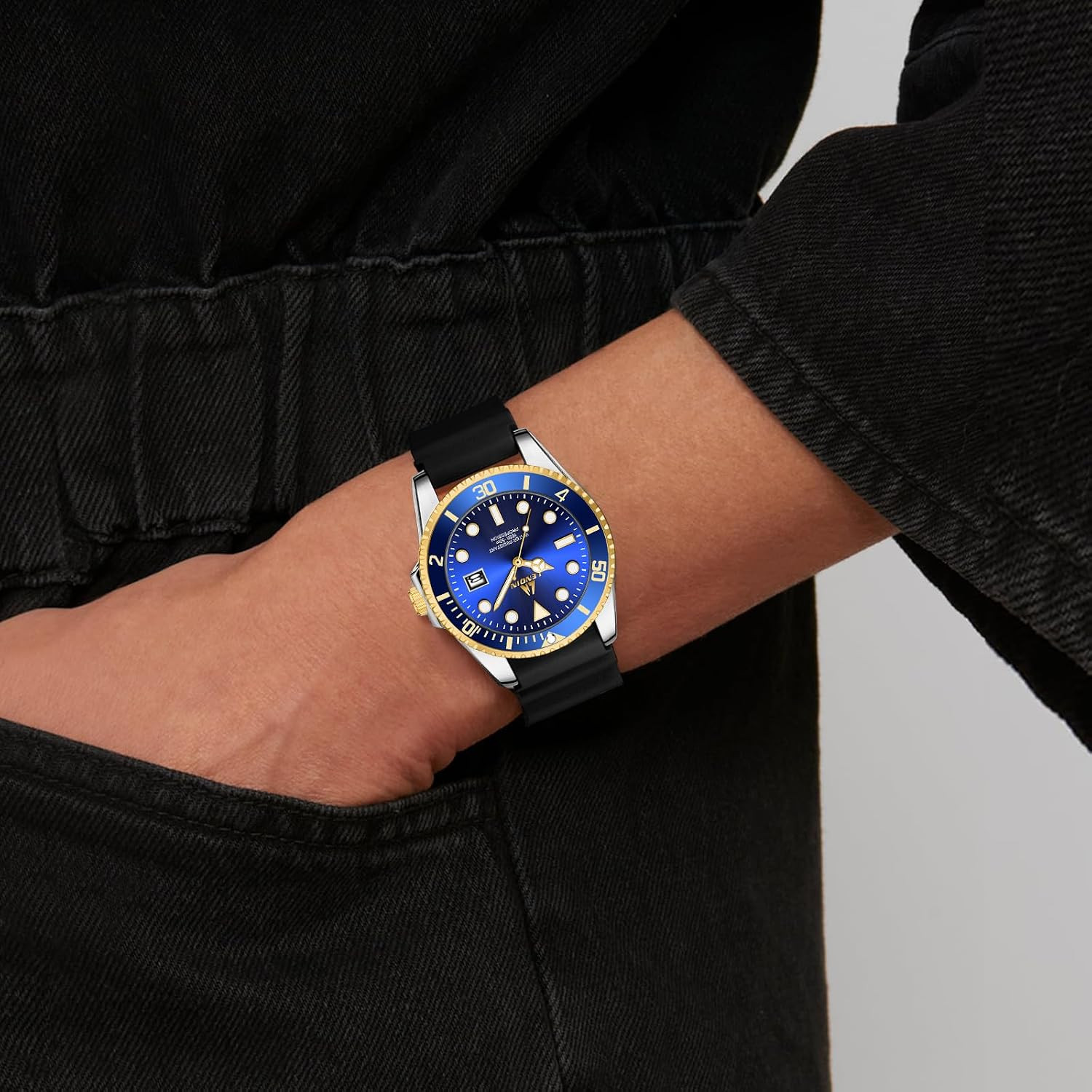 LN LENQIN Mens Analog Quartz Watch 40mm Gold Blue Date Luminous 50m Military
