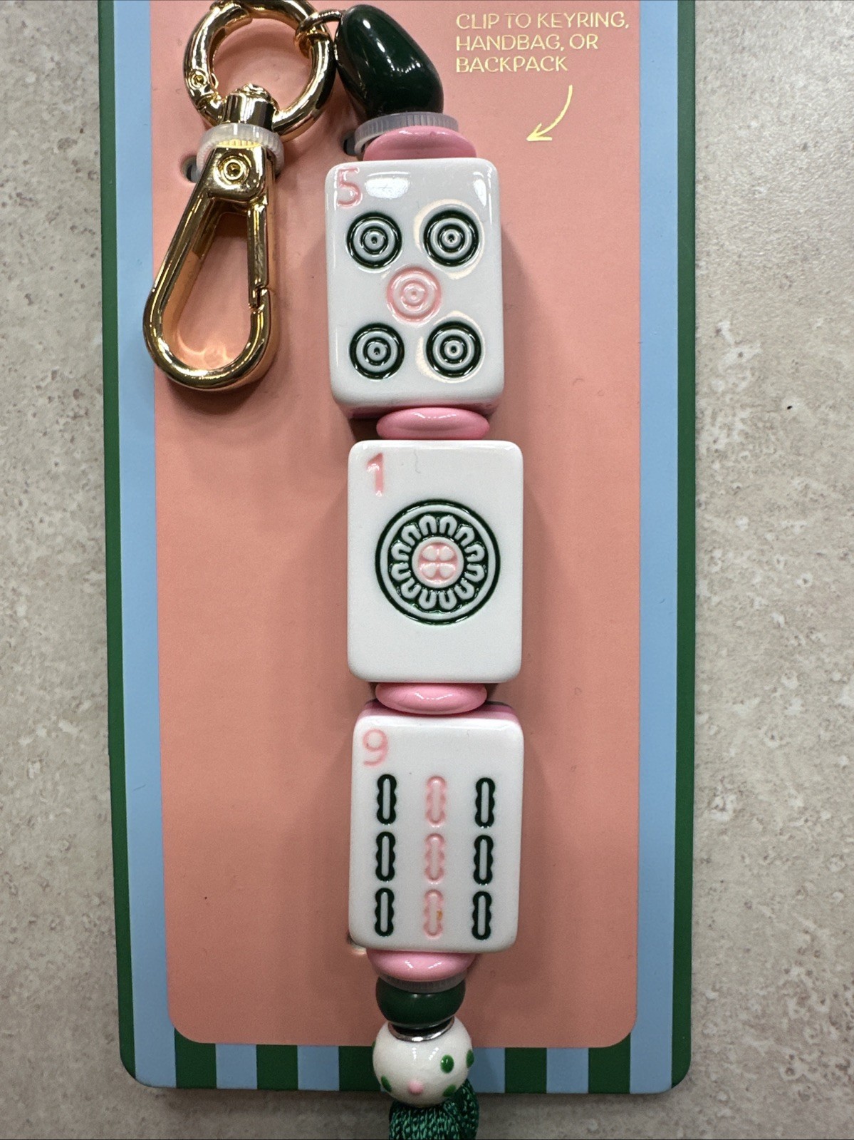 Piper K whimsical pink green mahjong game tile motif keychain bag charm