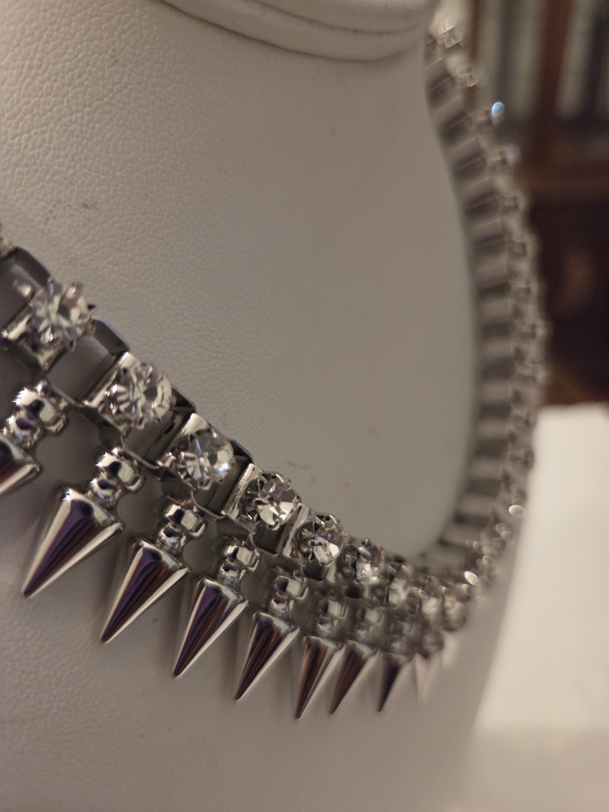 Silver Tone Spiked Crystal Statement Collar Bib Necklace Adjustable Hook Link