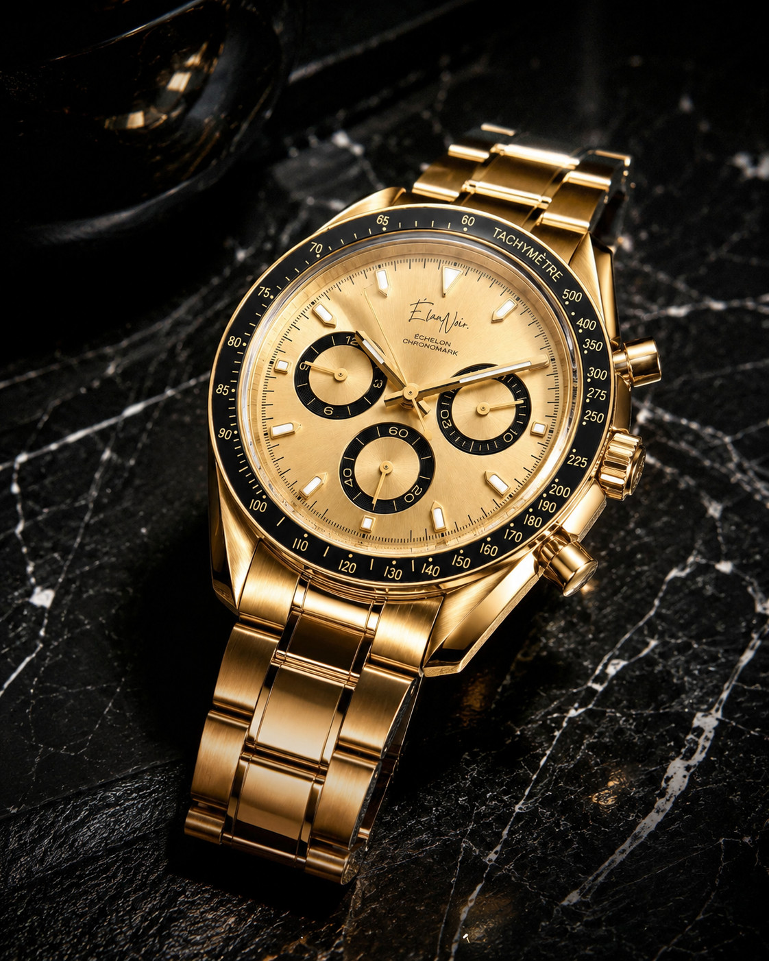 Élan Noir Chronograph Watch VK63 Gold Dial Sapphire Crystal Steel 40mm