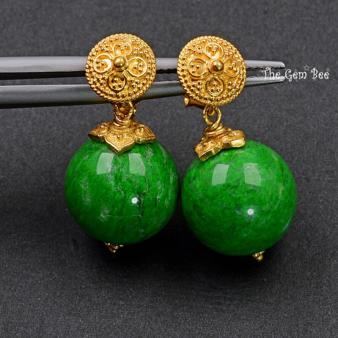 18K Solid Yellow Gold 13.2mm Maw Sit Sit Round Sphere Globe Bead Earrings