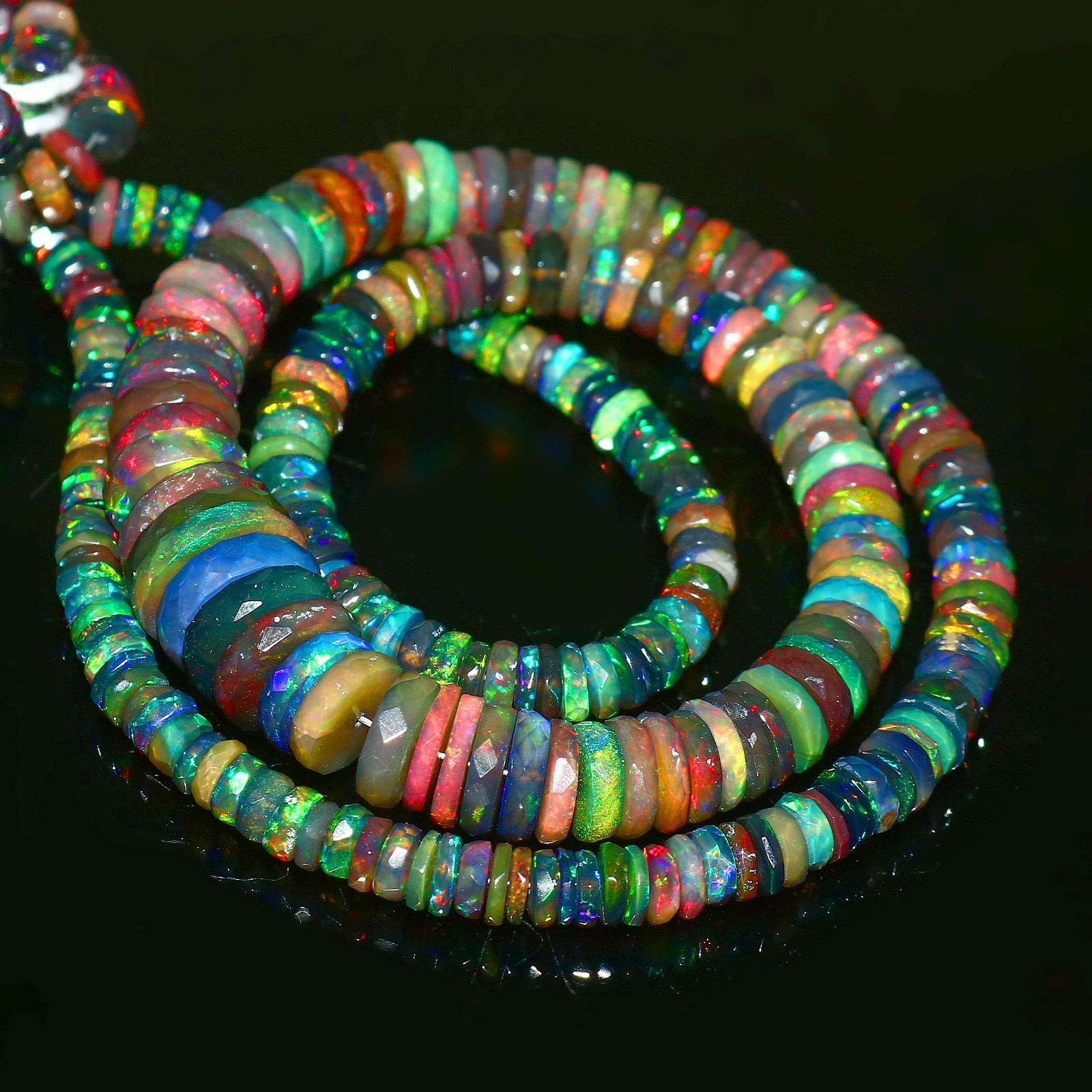 Ethiopian Welo Opal Faceted Round Bead Necklace Multi-Color Play of Fire 562