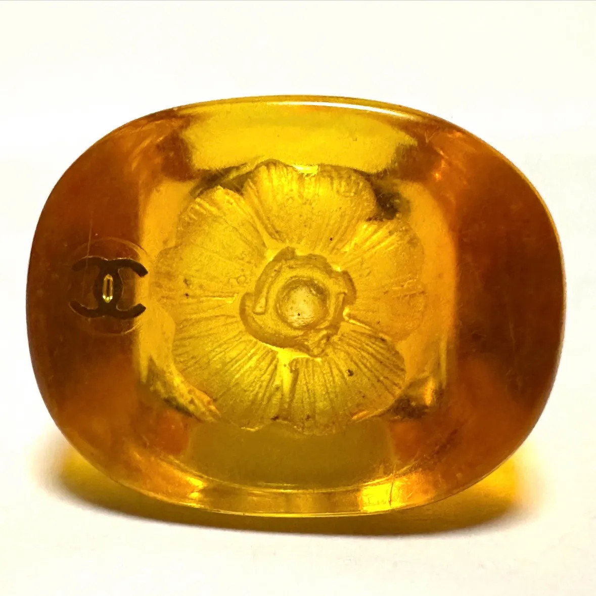 CHANEL Camellia CC Logo Resin Ring Orange Clear Size 13 US 6.5 Auth