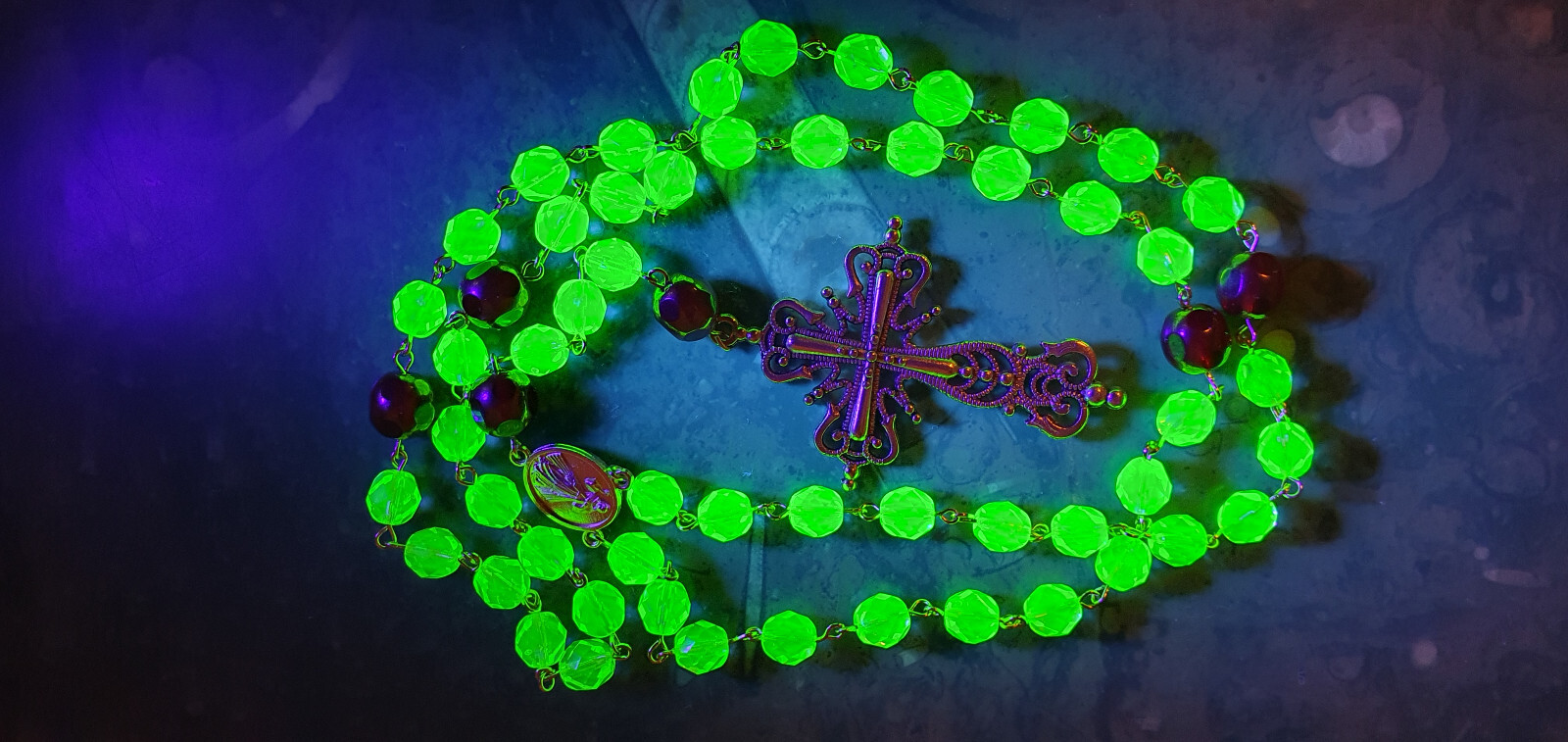 Rosary gothic cross czech uraniumglass beads vintage style jewelry #24091