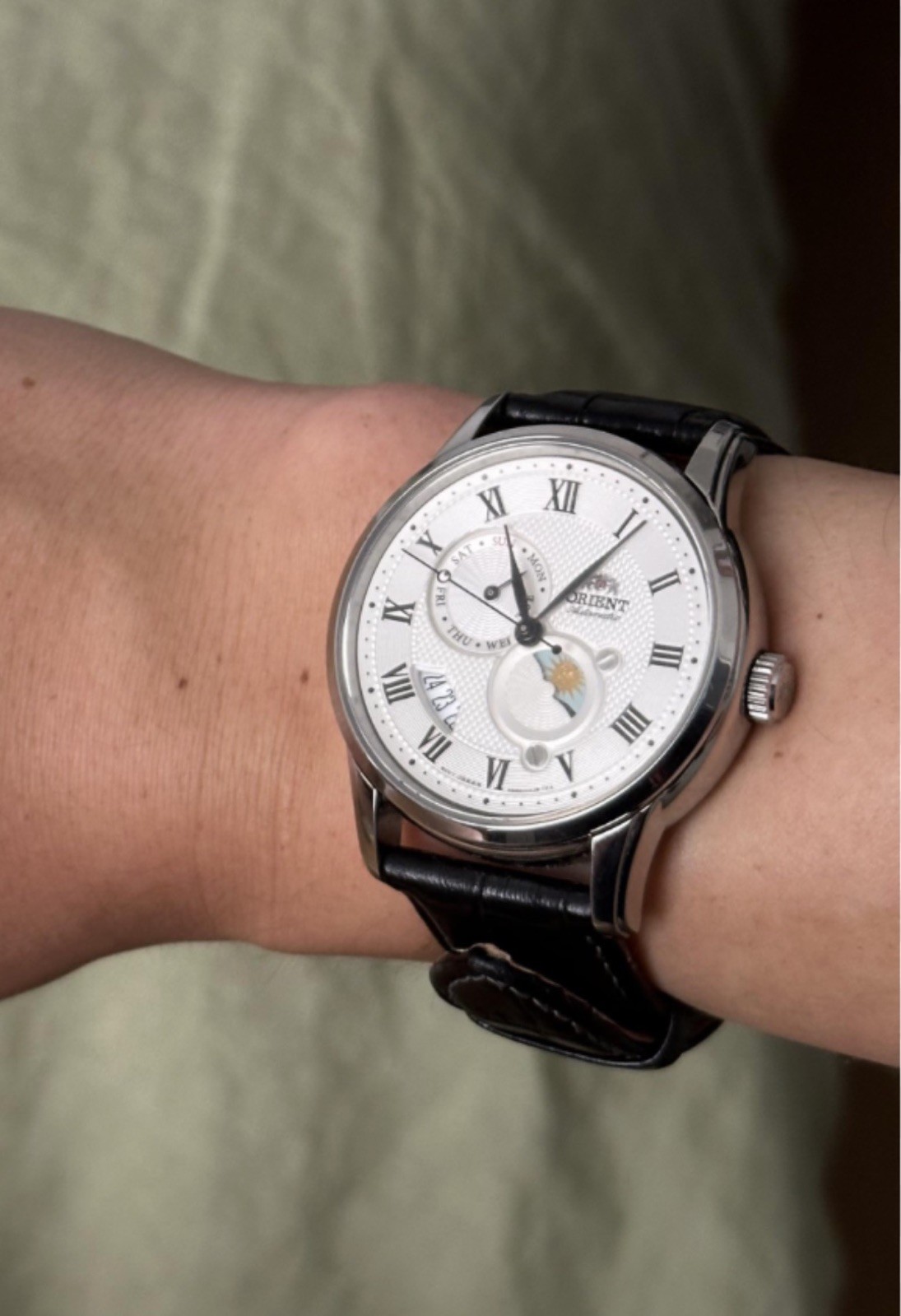 Orient Men’s Sun And Moon Automatic Watch Silver Stainless Case Black Leather