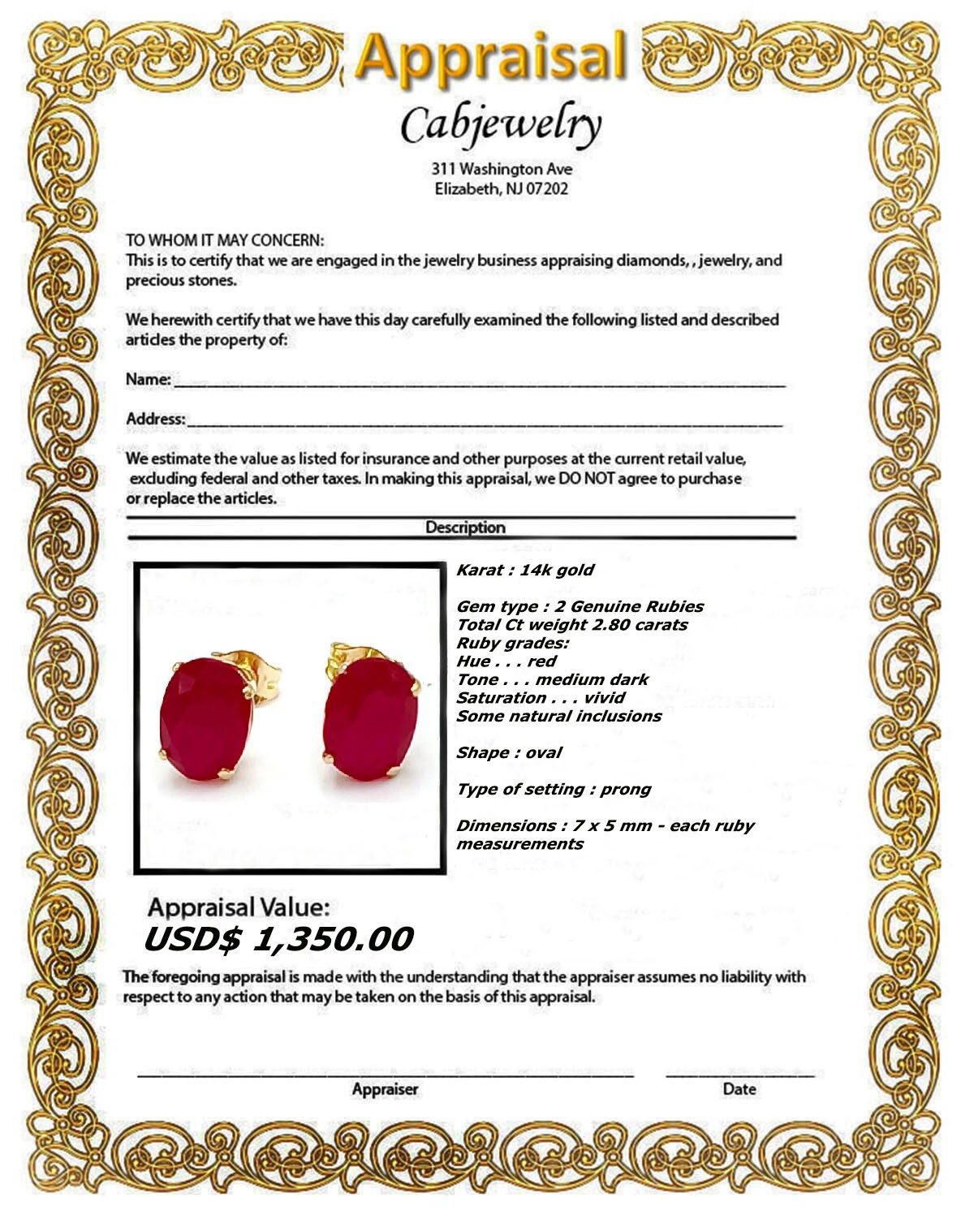 GENUINE 2.80 Cts RUBY STUD EARRINGS 14K YELLOW GOLD – Free Appraisal Service