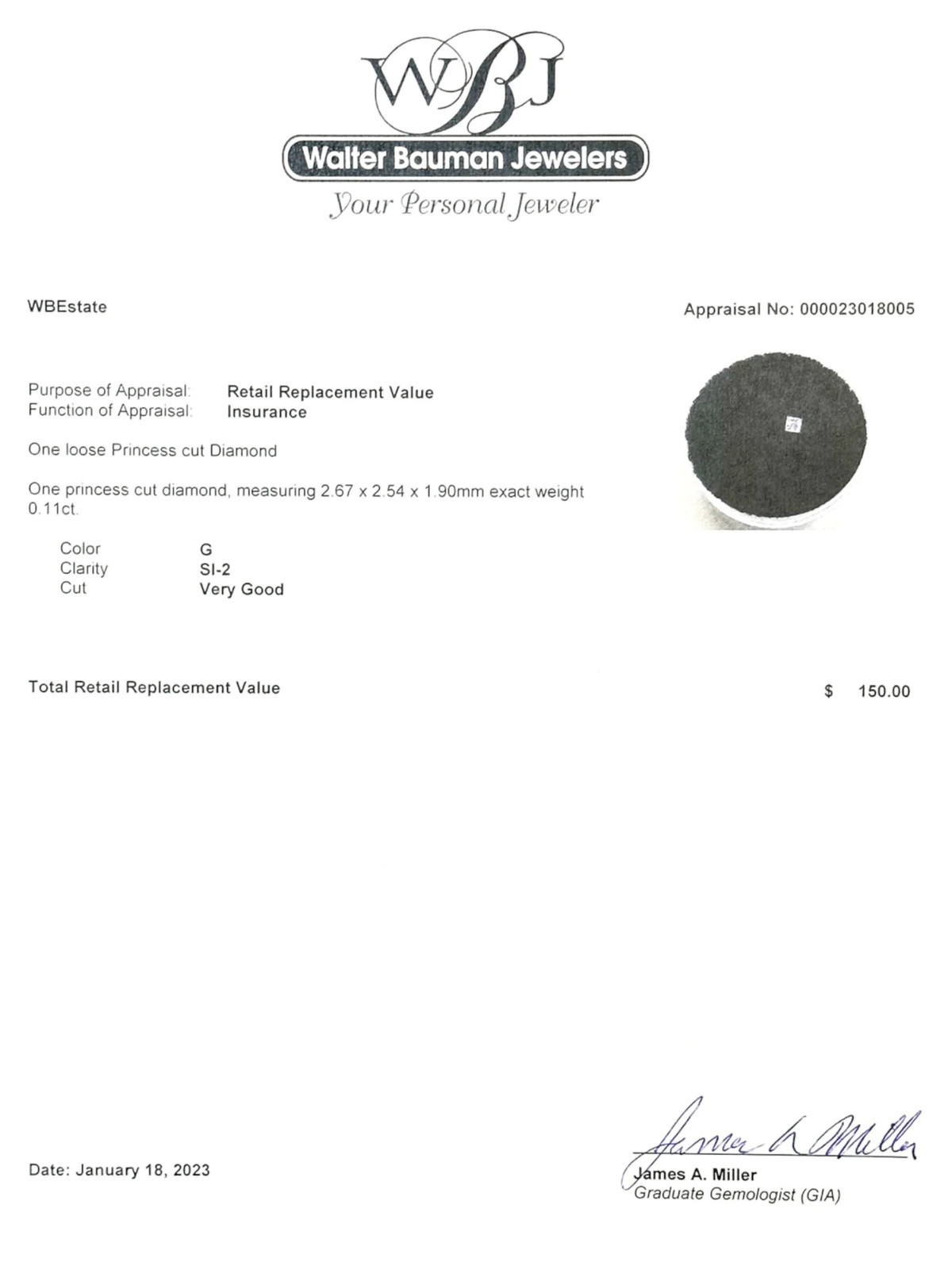 Estate 0.11ct G/SI2 Princess Loose Diamond