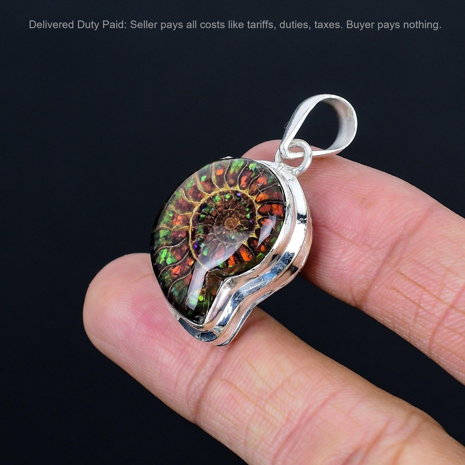 Sterling Silver Pear Natural Ammonite Doublet Opal Mother Birthday Boho Pendant