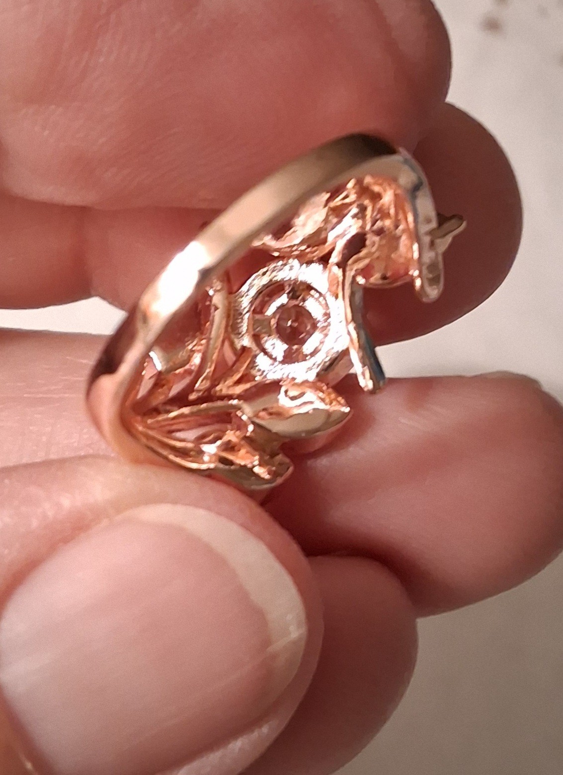 Rose Gold Tone Leaf Cocktail Ring Round Clear Rhinestone Prong Set Size 9