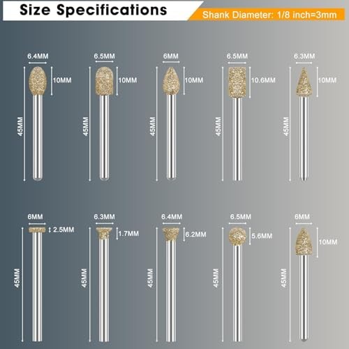 Rotary Tool Accessories Carving Tools 20Pcs Diamond 60 Grit 1/8 Inch Shank
