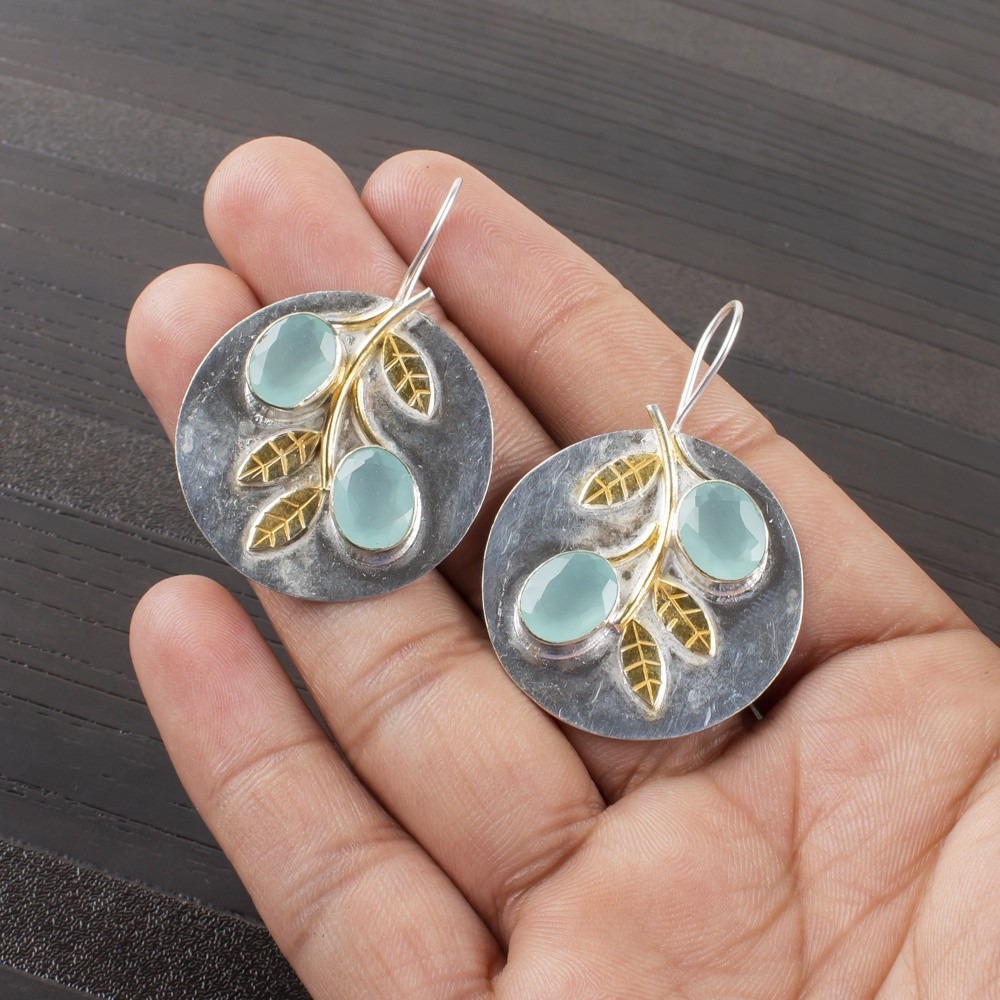 925 Silver Aqua Chalcedony Stone Bezel Drop Throat Chakra Boho Earrings Jewelry