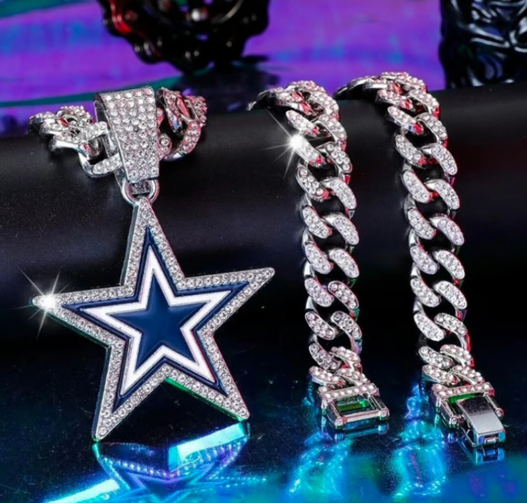 Iced Out NFL Team Pendant Necklace – Gold Cuban Link Chain – 20″