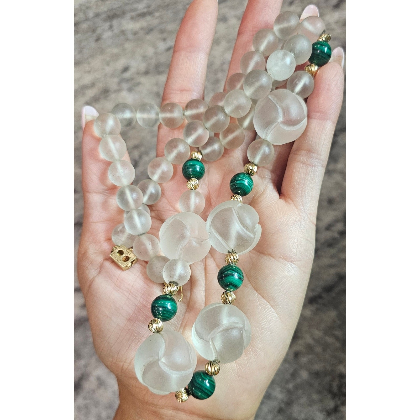 14K Frosted Crystal & Malachite Beaded Necklace