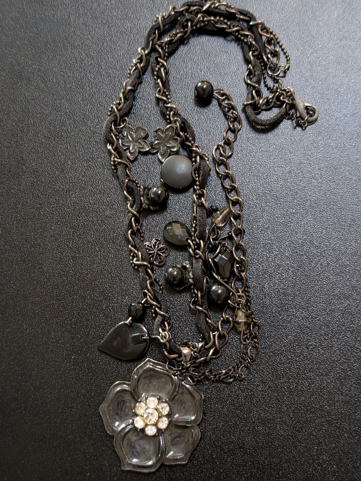 Multi Strand Flower Necklace Black Suede Rhinestone Choker Pendant, Whimsigoth