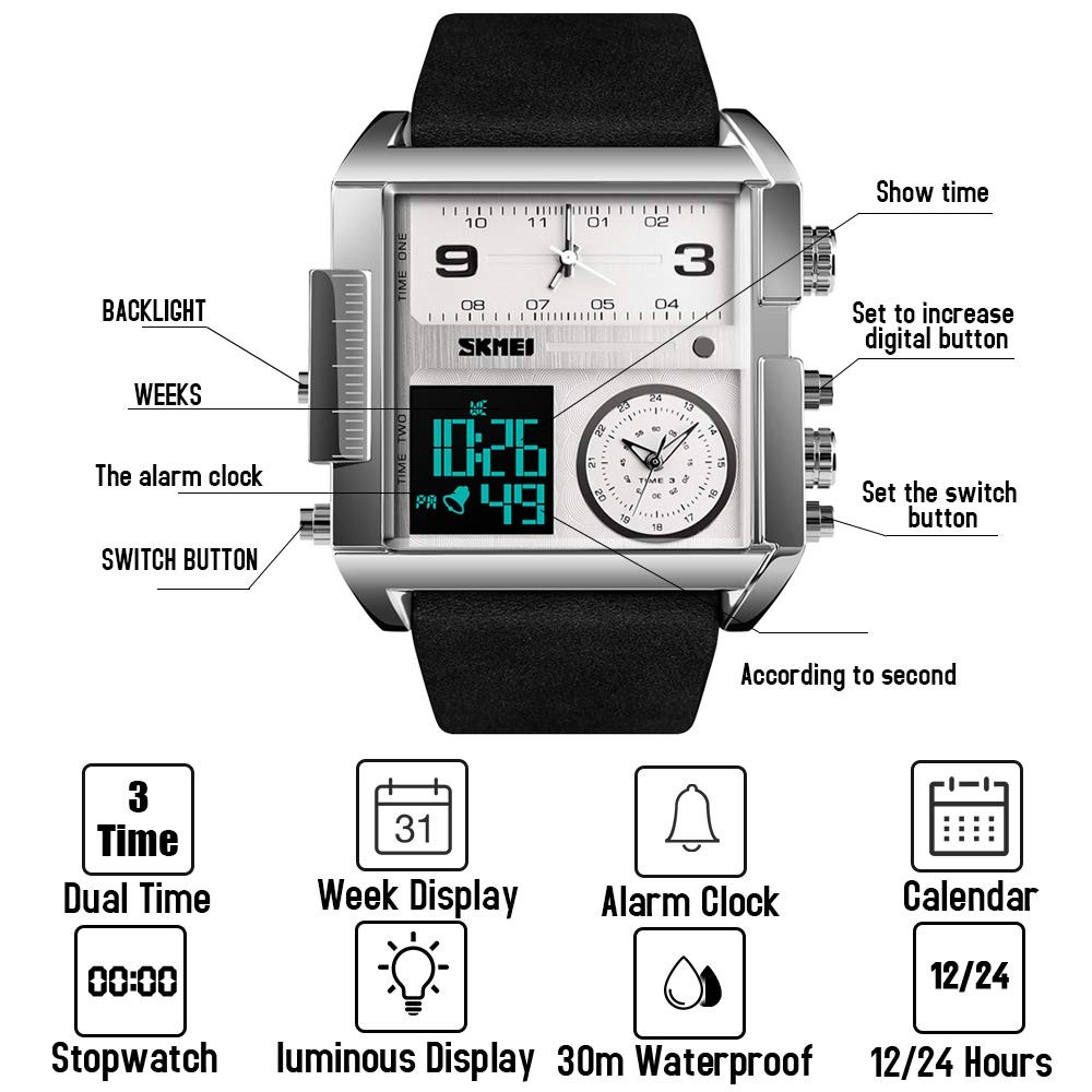 SKMEI Men’s Digital Sports Watch, LED Square 2.17*2*0.59 inch, Silver Black