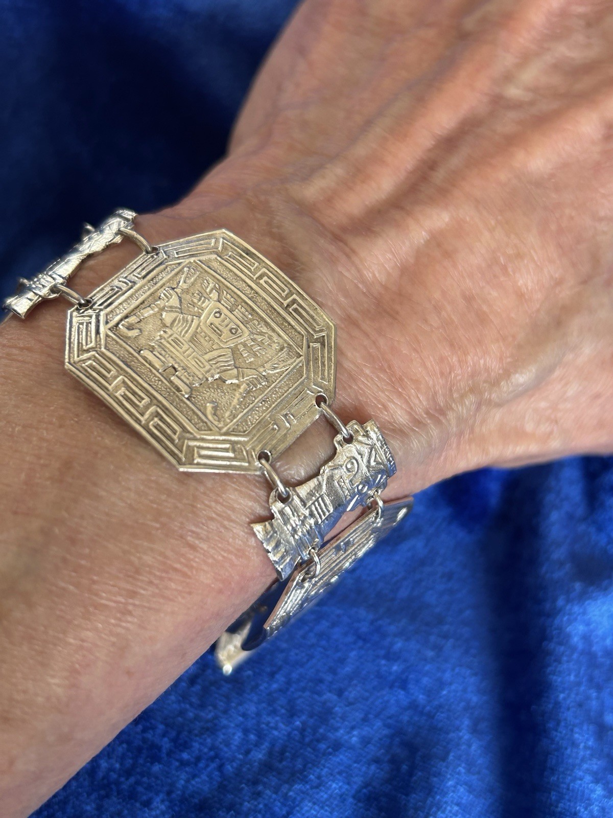Vintage Estate Sterling Silver Inca Guardians Panel Bracelet Handmade Peru Old