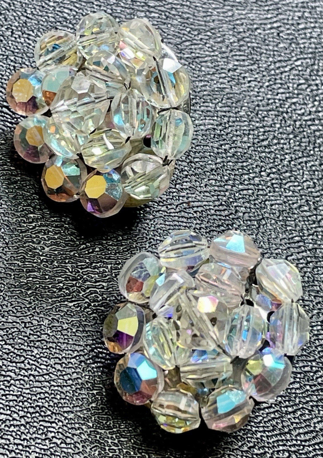 Vintage 1” High End Round AB Faceted Crystal Cluster Beaded Clip Earrings