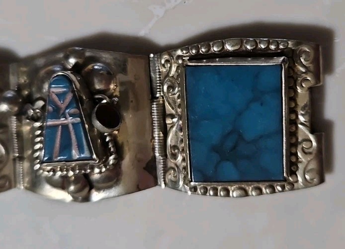 Vintage Silver & Turquoise Hecho En Mexico Taxco Alpaca Warrior Mask Bracelet 7”