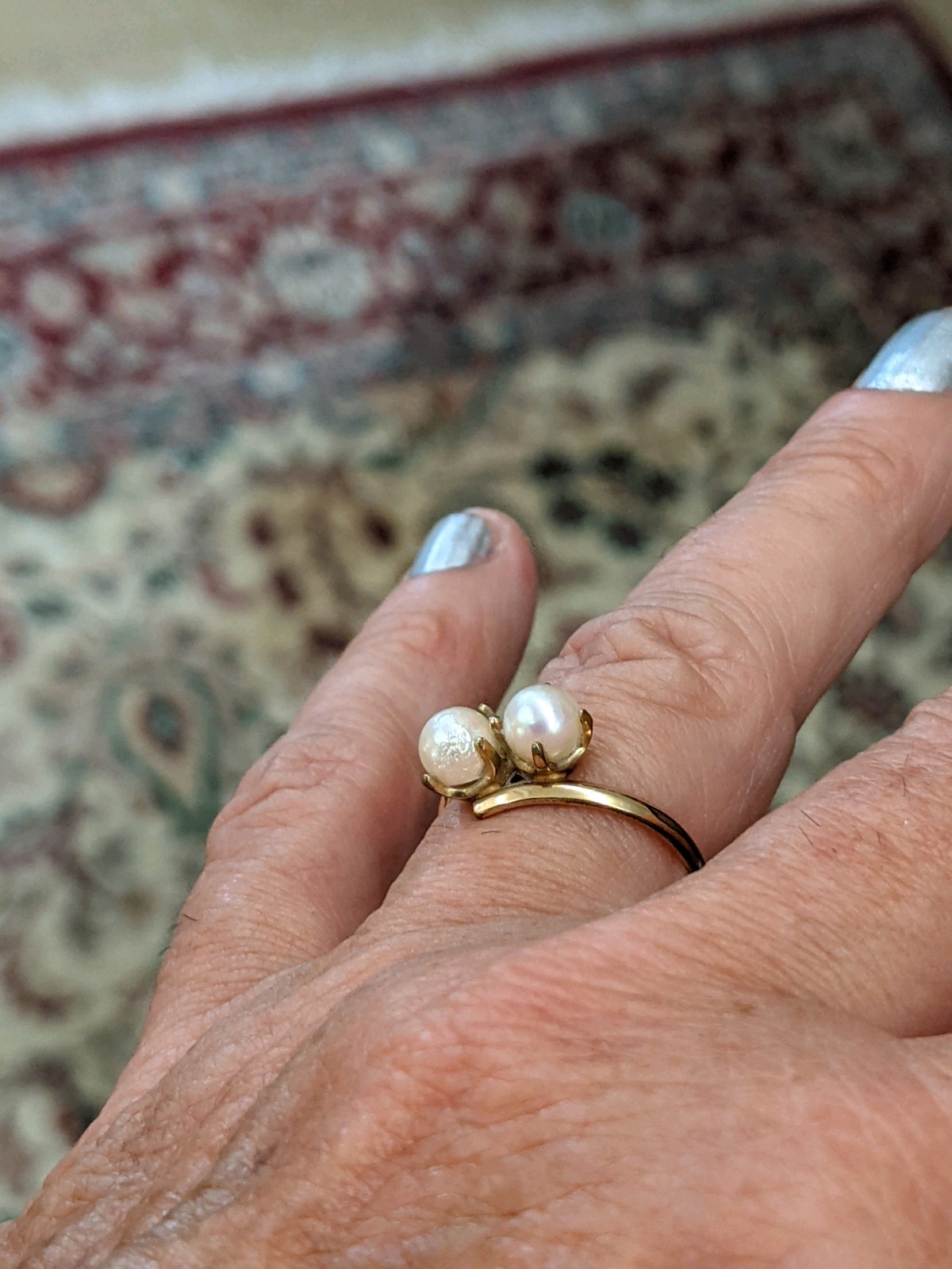 14K DOUBLE PEARL AND DIAMOND RING YELLOW GOLD SIZE 6 2.6 GRAMS