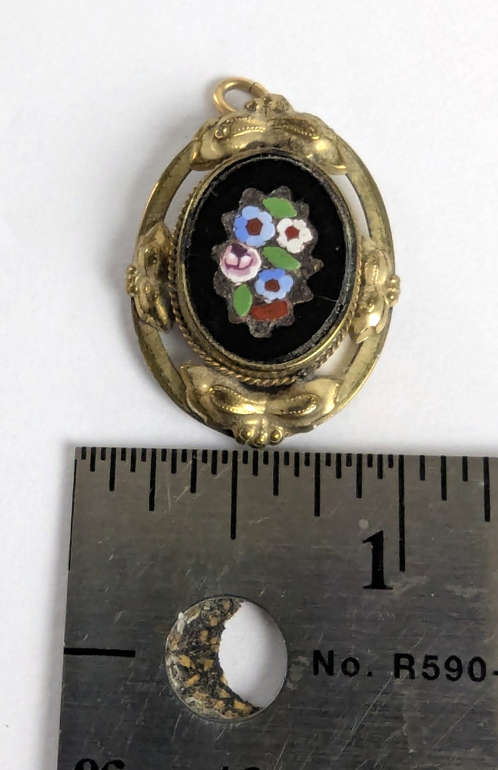Antique Italian Pietra Dura Mosaic Inlay Floral Pendant Gold Filled Mounting
