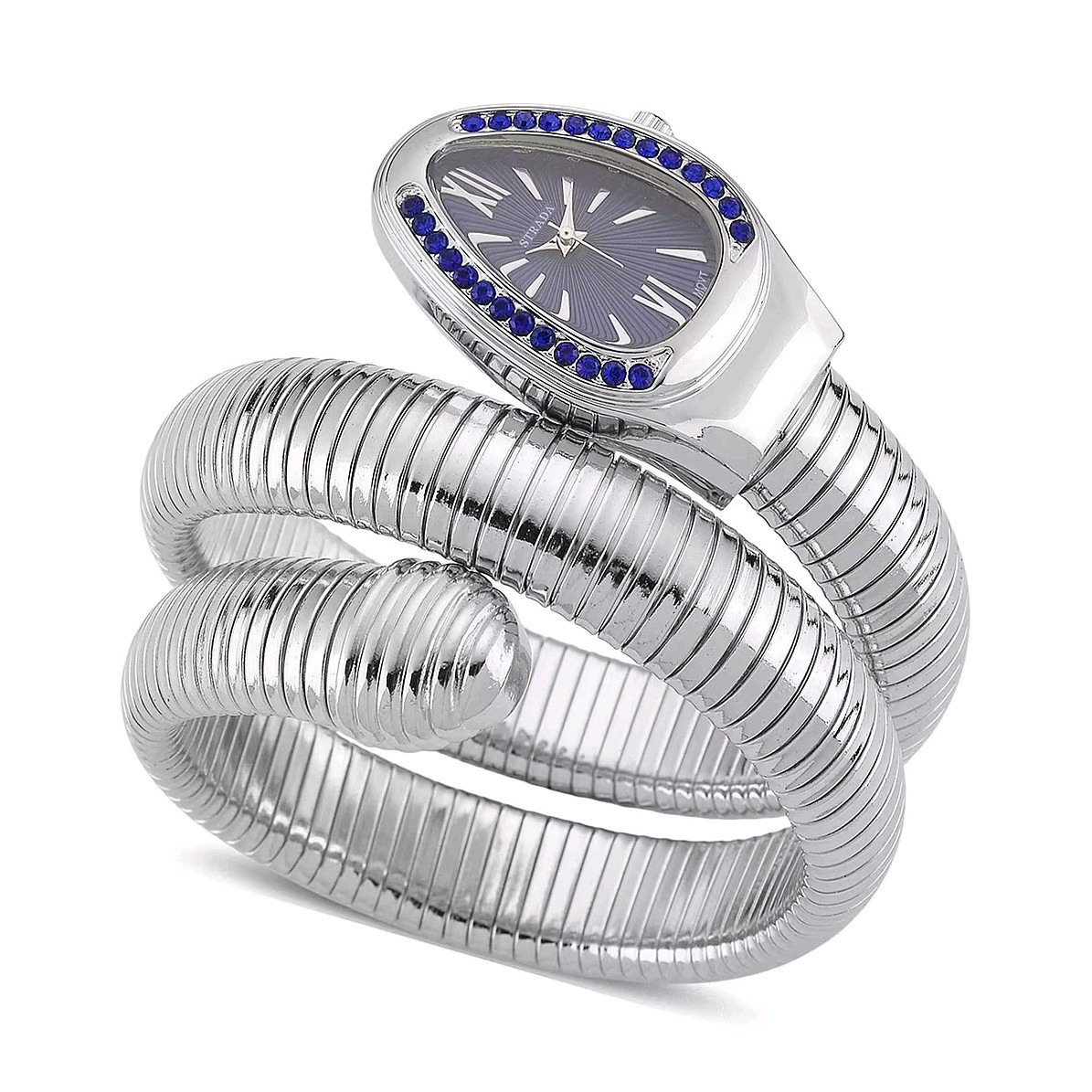 Strada Blue Austrian Crystal Wrap Around Watch in Silvertone Japanese Movement