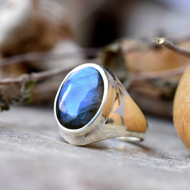 Solid 925 Sterling Silver AA Natural Blue Labradorite Oval Men’s Unisex Ring