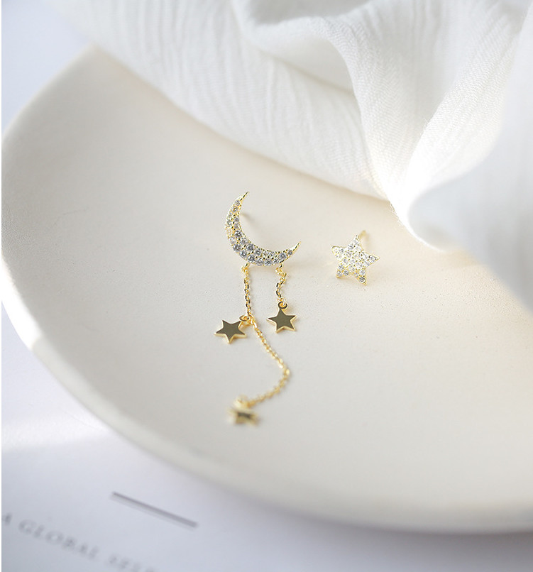 18K Gold Sterling Silver CZ Moon Star Tassel Asymmetrical Stud Earrings Box PE47