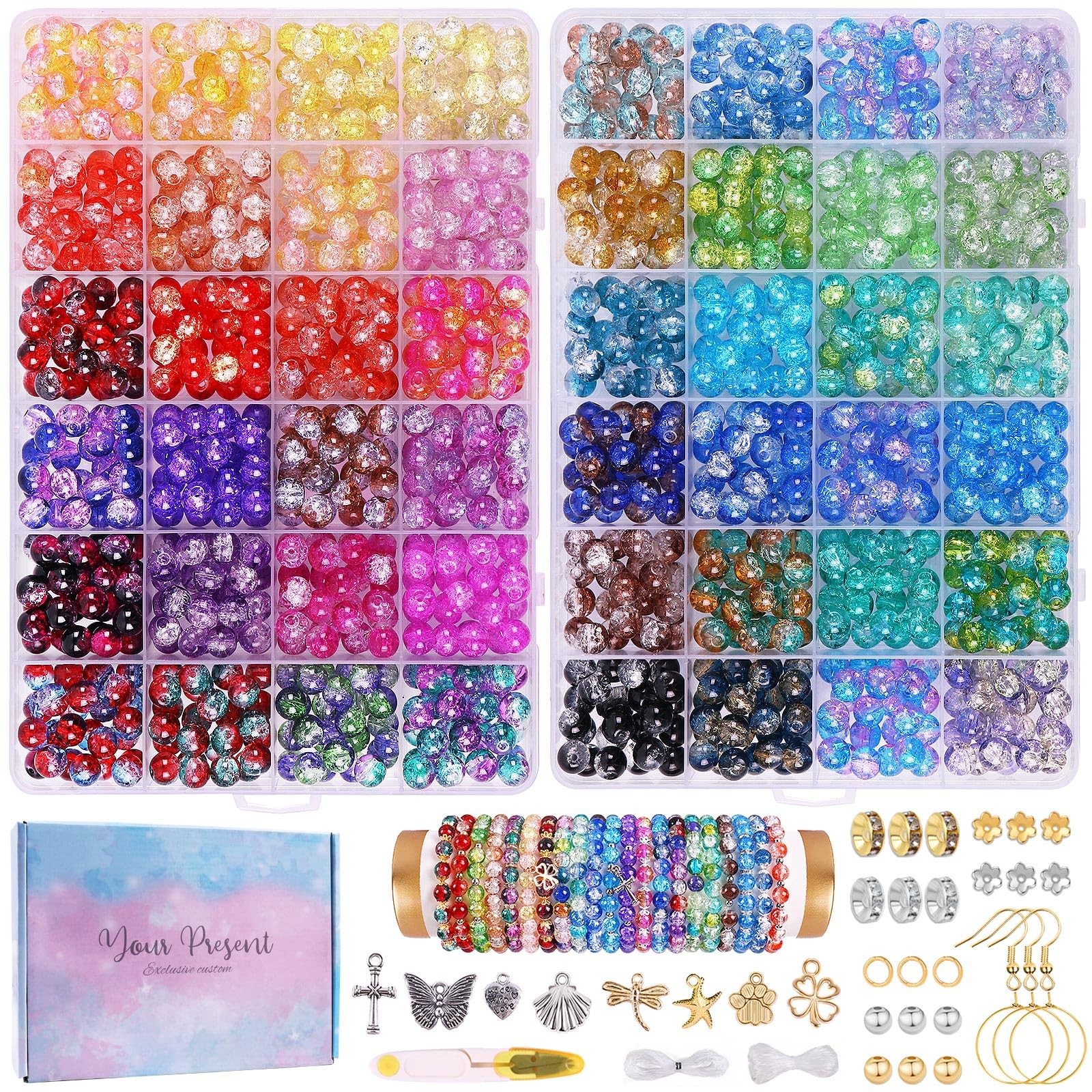 1800PCS 8mm Crackle Glass Beads Bracelet Making Kit, 48 Colors 8mm, crackle