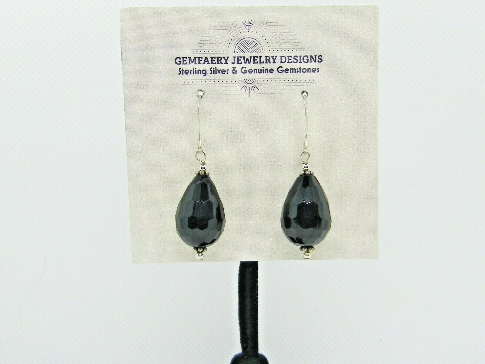 Sterling Silver Faceted BLACK ONYX Teardrop Dangle Earrings #2141…Handmade USA