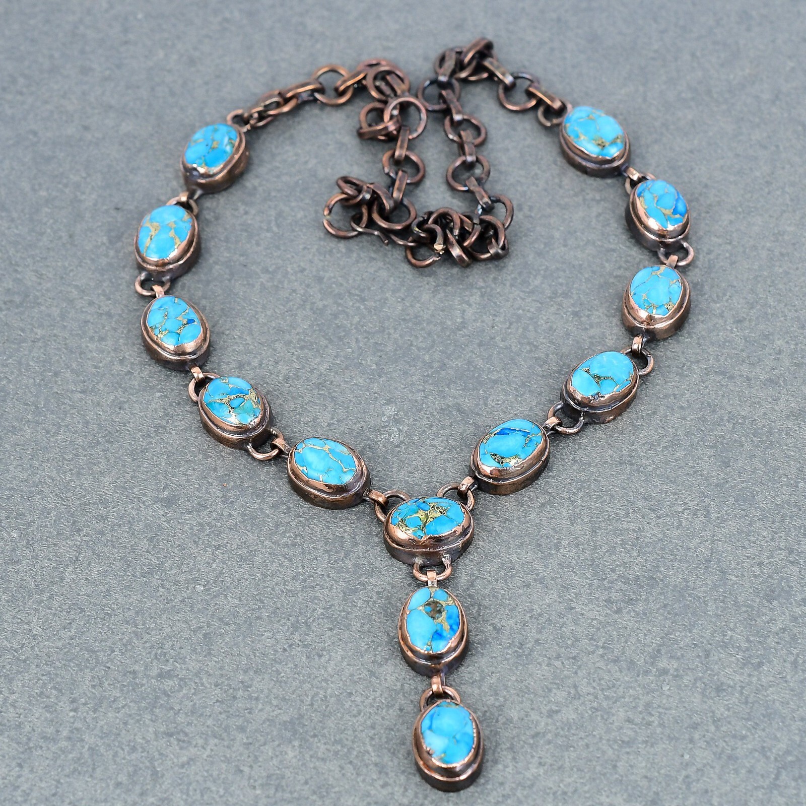 Copper Oval Copper Blue Turquoise Gemstone Electroformed Chain Necklace Jewelry