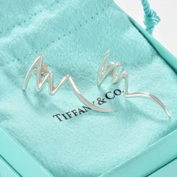 Tiffany & Co Silver Paloma Picasso ZigZag Bolt Scribble Earrings in Box Pouch