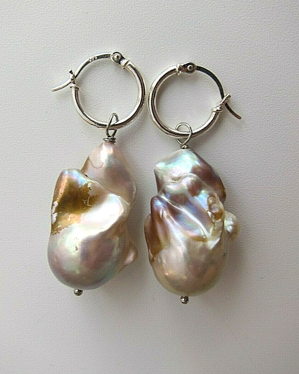 Huge Purple South Sea Keshi Reborn Pearl Drop Earrings on Silver Hoop 25 29mm.