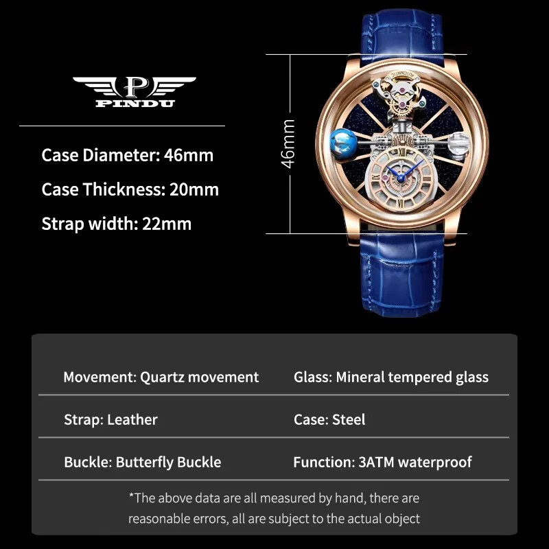 PINDU Design P5015 Men Watches Celestial Tourbillion Astronomi 5ATM Leather