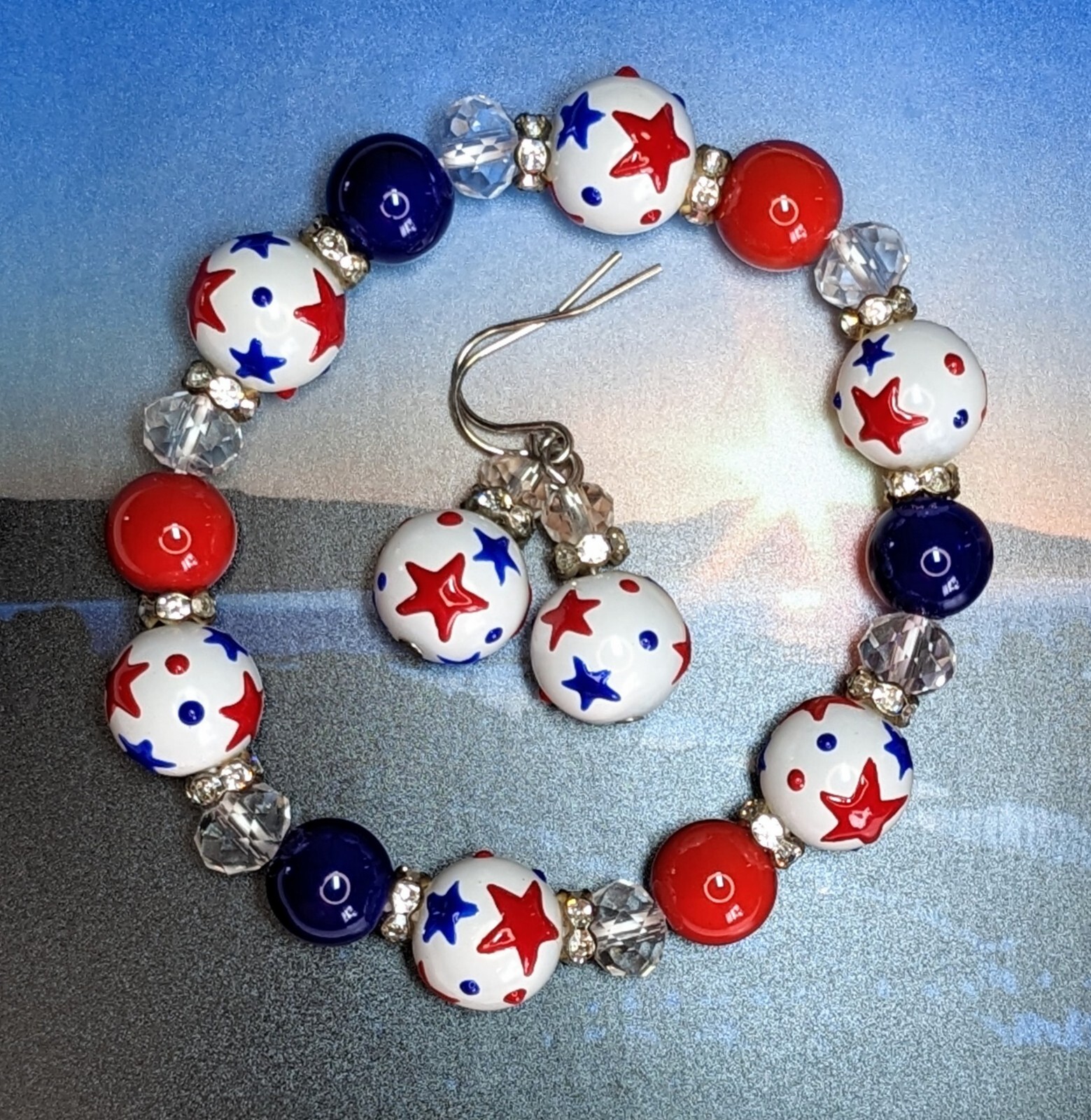 4th of July Bracelet Earring set RWB Stars Beaded Stretch Bracelet Earrings