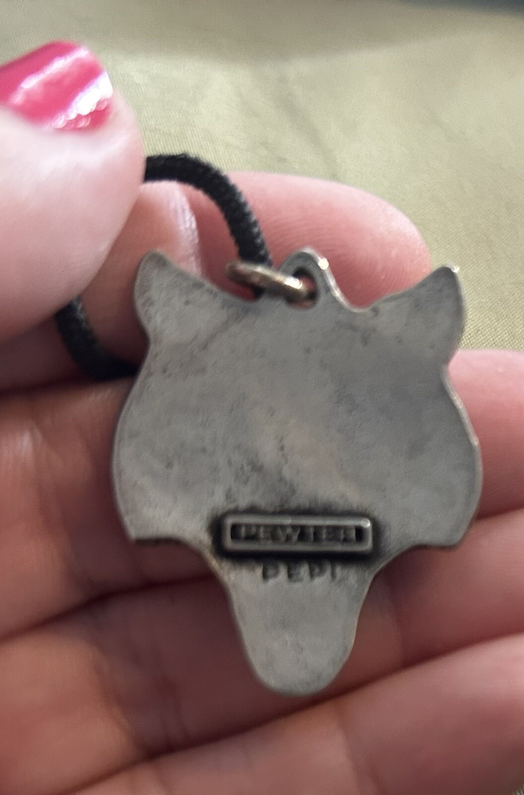 Vintage “PEPI” Pewter WOLF Pendant Cord Necklace