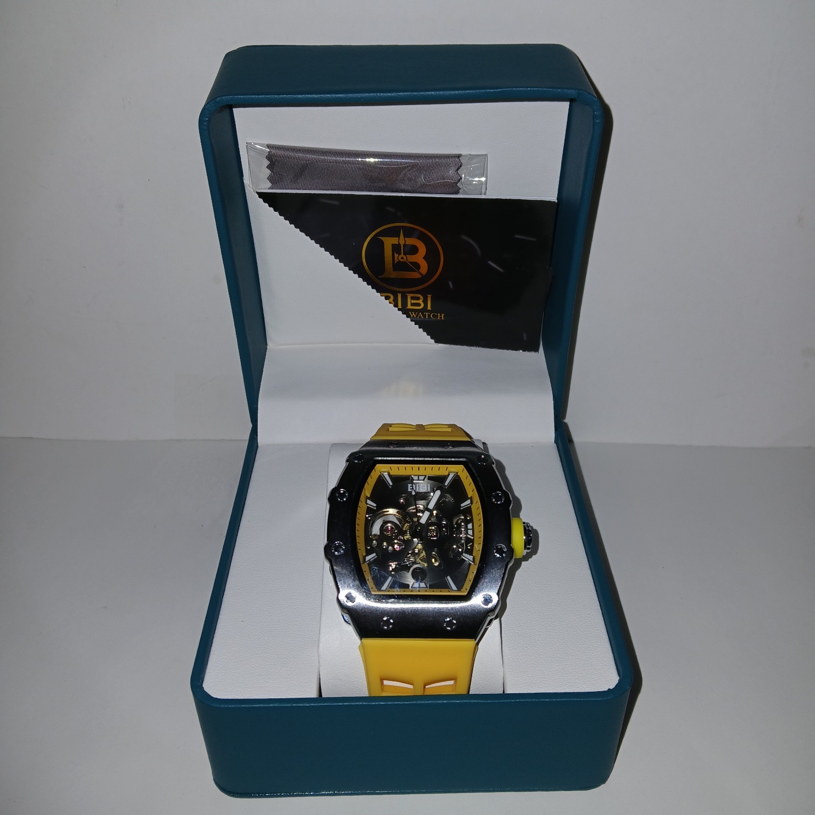 BiBi Automatic Watch Grey Yellow Dial Sivler Case Yellow Strap B0395