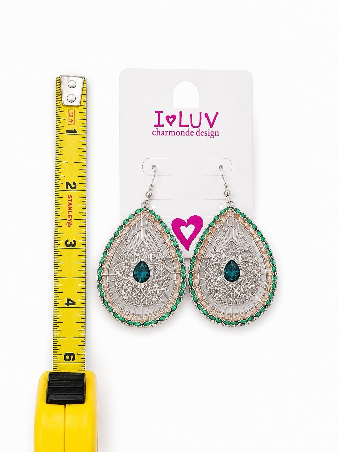 Green Crystal Teardrop Dangle Earrings Silver Tone Gift Box Included