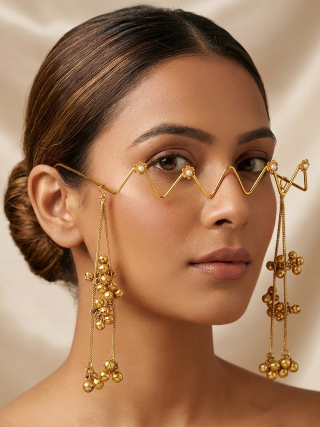 Gold Wire Pearl Wave Face Jewelry Handmade Boho Statement Eye Accessory Facelet