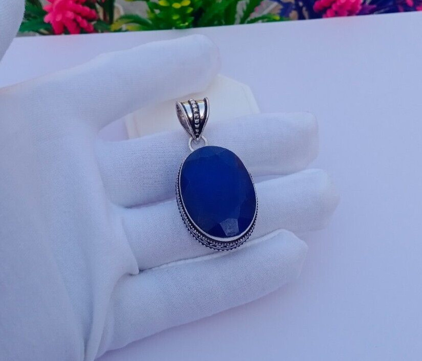 Natural Blue Sapphire Pendant | silver plated pendant | 925 SiGemstone Jewelry