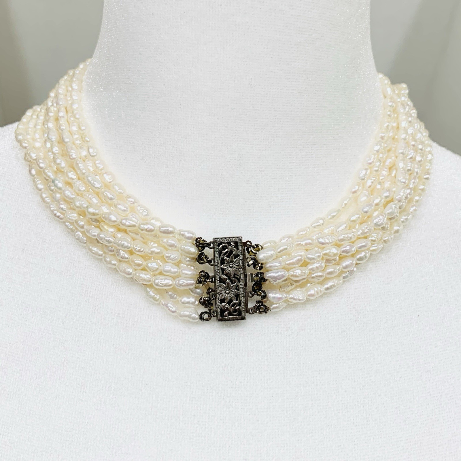 VTG Rice Pearl Necklace Multi 5 Strand Sterling Fancy Clasp Choker Hi Luster “