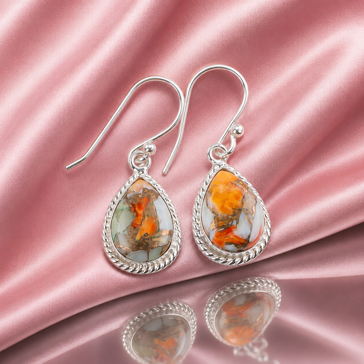 Natural Orange Copper Turquois Gemstone 925 Solid Silver Designer Earring 1.40″