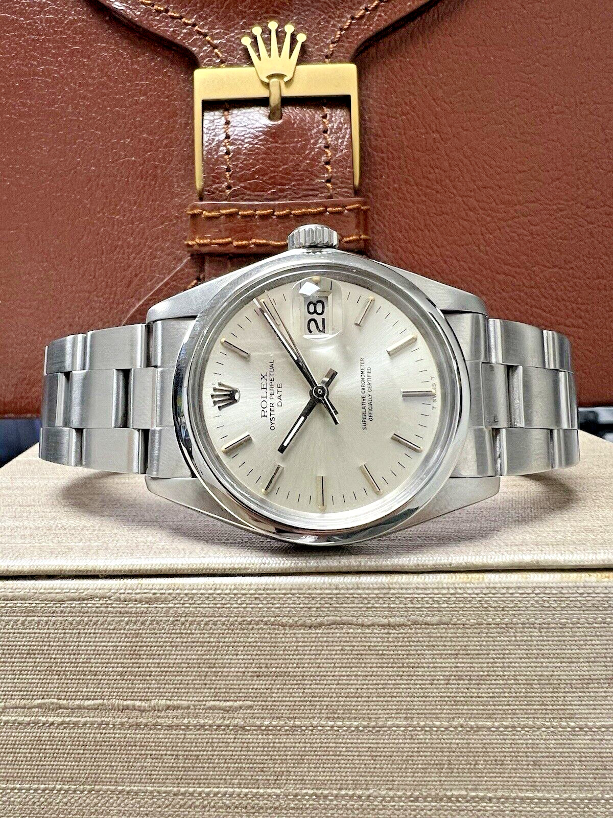 Mens Rolex Oyster Perpetual Date Stainless Steel Silver Dial 34mm Watch