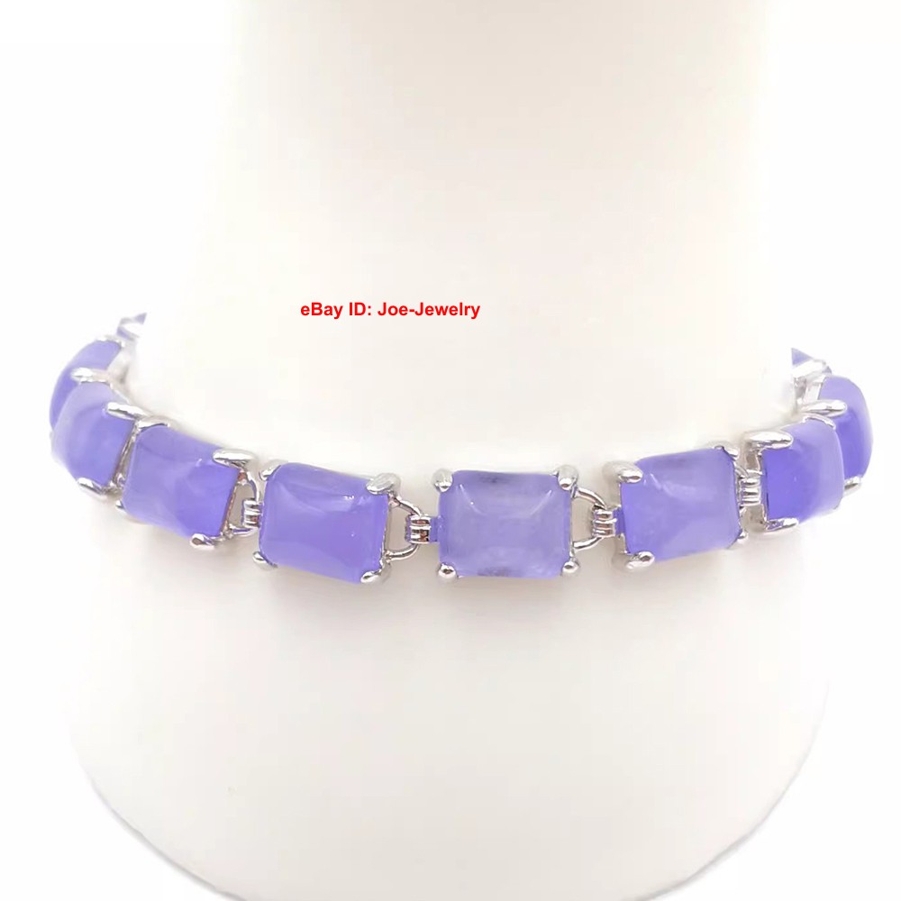 NEW White-Plated Alloy 9mm Rectangle Purple Jade Women’s Bracelet 7.6inch
