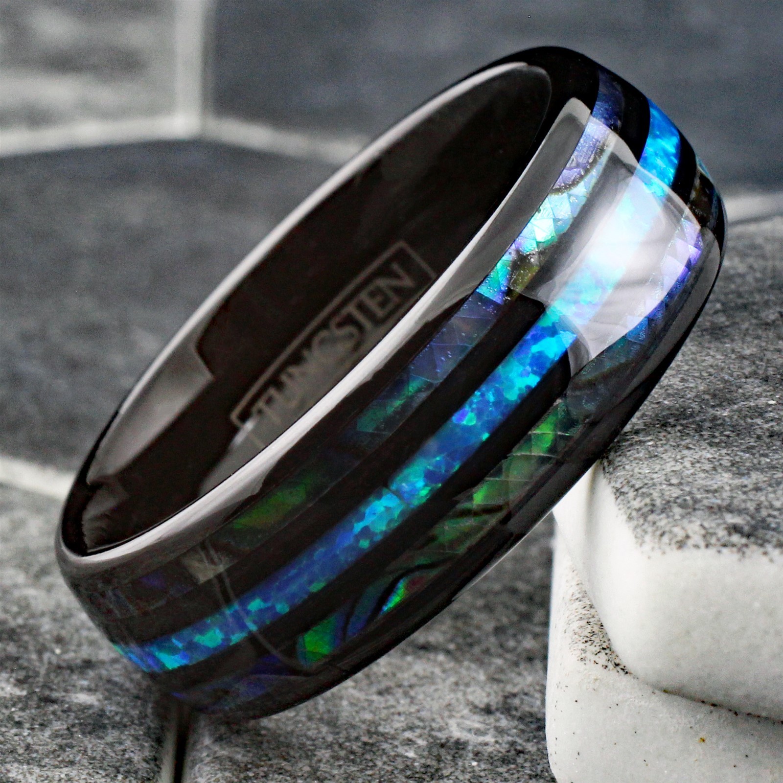 8mm Black Tungsten Carbide Abalone Hawaiian Blue Opal Men’s Wedding Band Ring