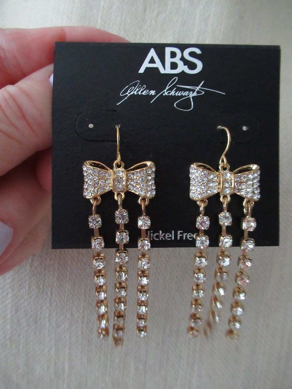 NWT ABS Gold Tone Pave Bow Tie Drop Earrings/ 3 Linear Rhinestone Strands-$55