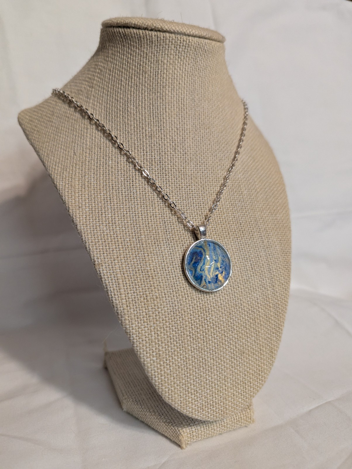 Hand Painted Abstract Blue Pendant Silver Tone Necklace Glass Dome Bezel 24 Inch